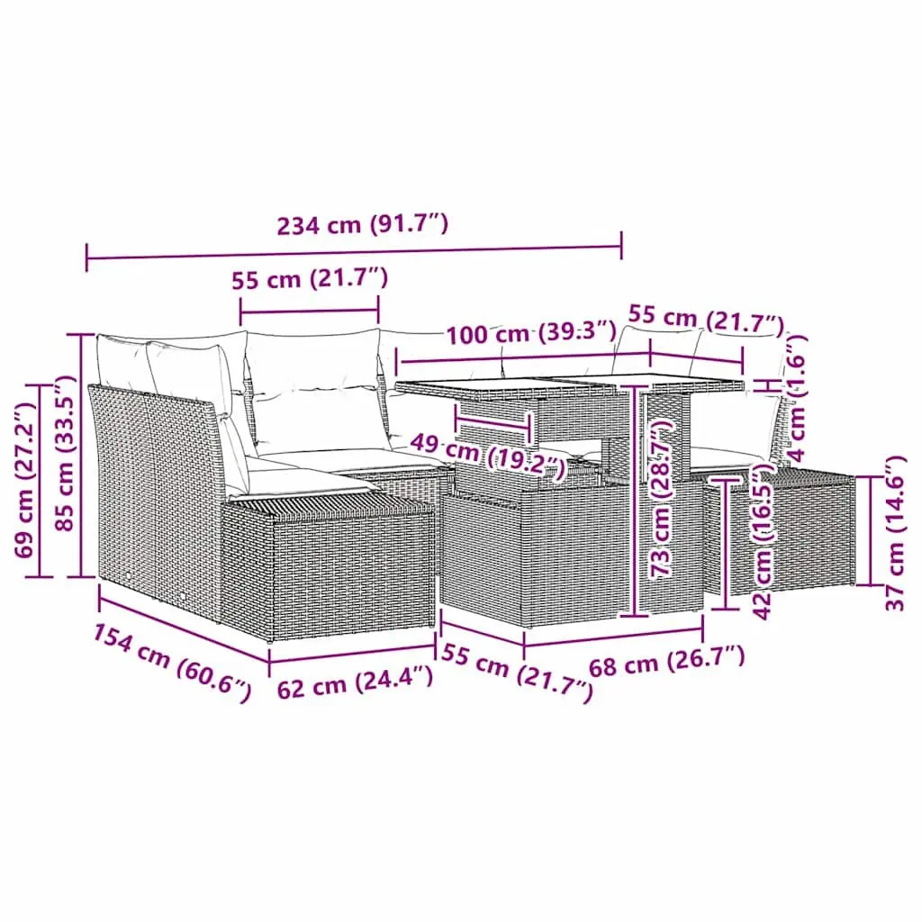 7-Piece Black Modular Outdoor Sofa Set for Gardens
