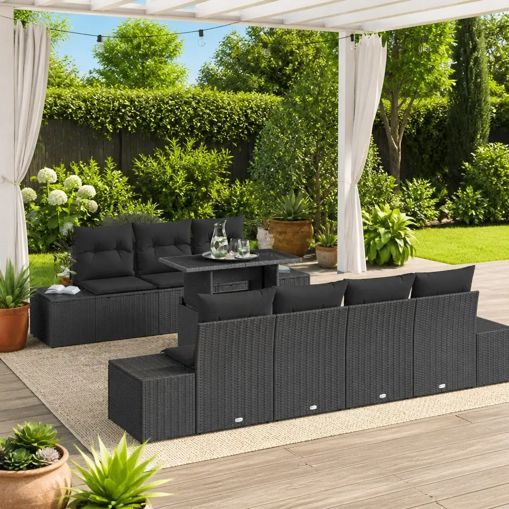8-Piece Modular Black Poly Rattan Outdoor Sofa Set
