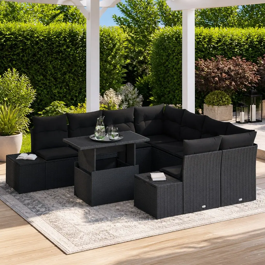 Modular Garden Sofa Set 9 Pieces Poly Rattan Black Powder Coated Steel Patio Seating