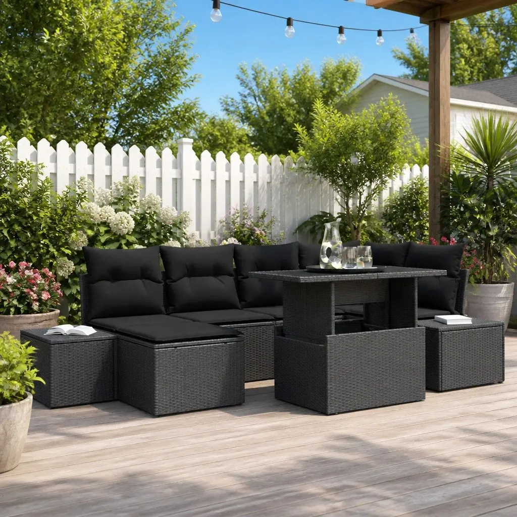 7-Piece Black Poly Rattan Garden Sofa Set