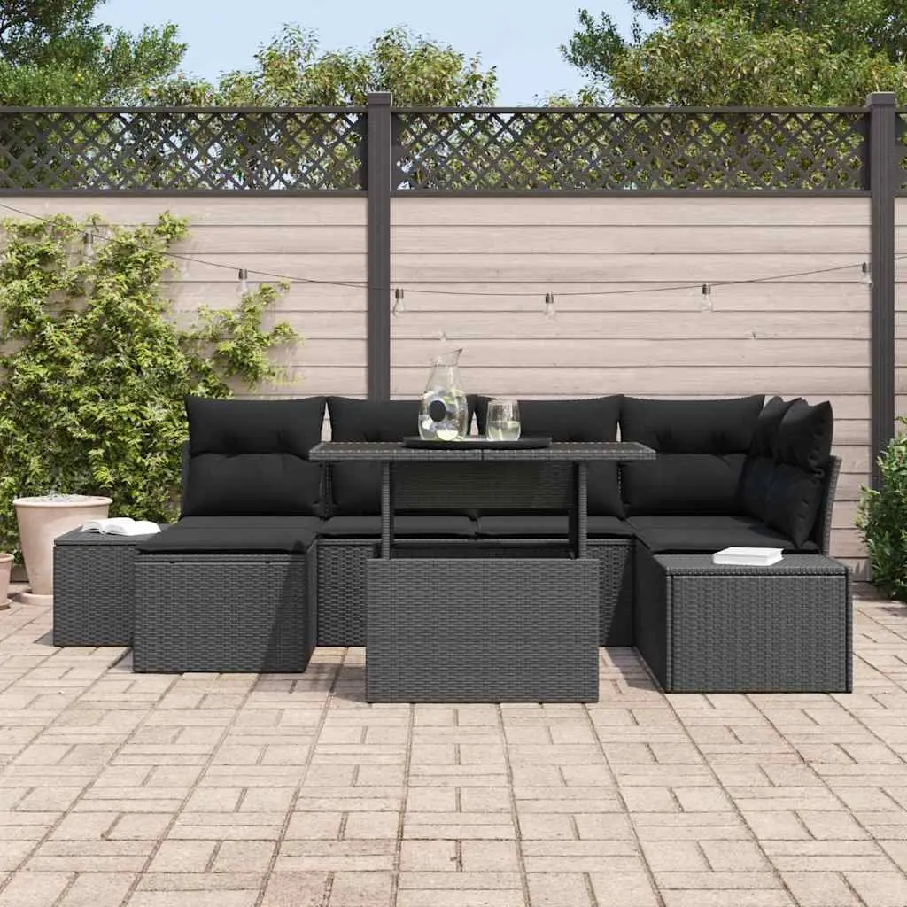 7-Piece Black Poly Rattan Garden Sofa Set