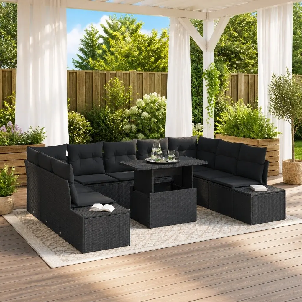 Modular Garden Sofa Set Poly Rattan 10 Piece Black with Height Adjustable Glass Table