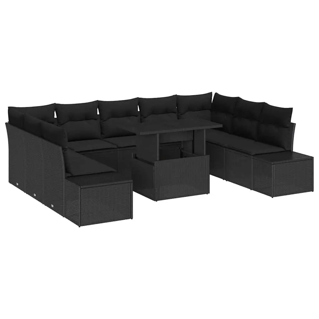 Modular Garden Sofa Set Poly Rattan 10 Piece Black with Height Adjustable Glass Table