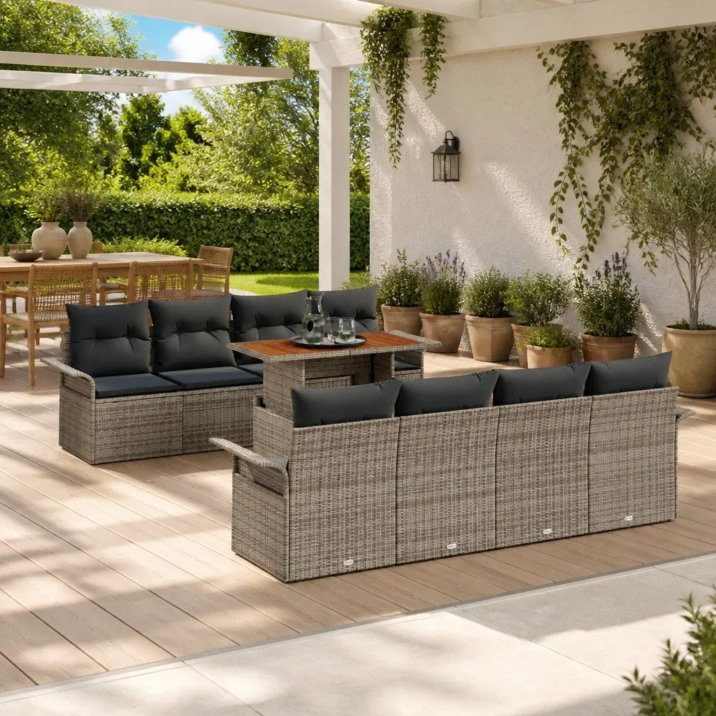 Outdoor Garden Sofa Set Poly Rattan Acacia Wood 7 Piece Grey Modular Patio Furniture