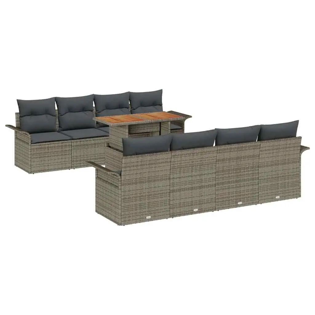 Outdoor Garden Sofa Set Poly Rattan Acacia Wood 7 Piece Grey Modular Patio Furniture