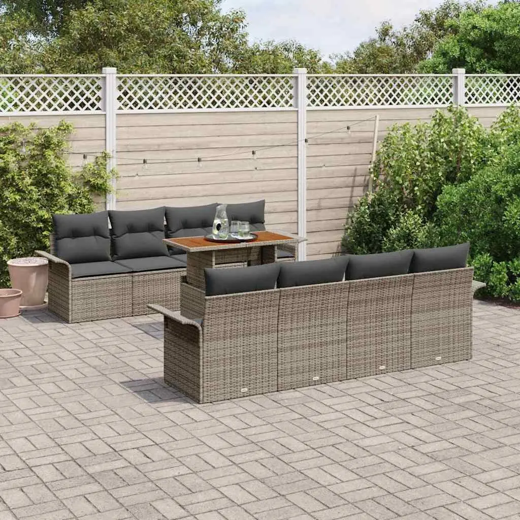 Outdoor Garden Sofa Set Poly Rattan Acacia Wood 7 Piece Grey Modular Patio Furniture