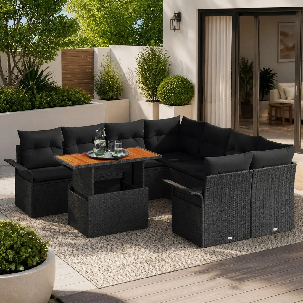 Black Poly Rattan Garden Sofa Set with Cushions