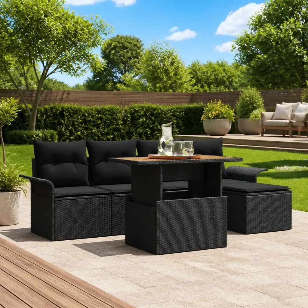 6-Piece Black Garden Sofa Set with Storage