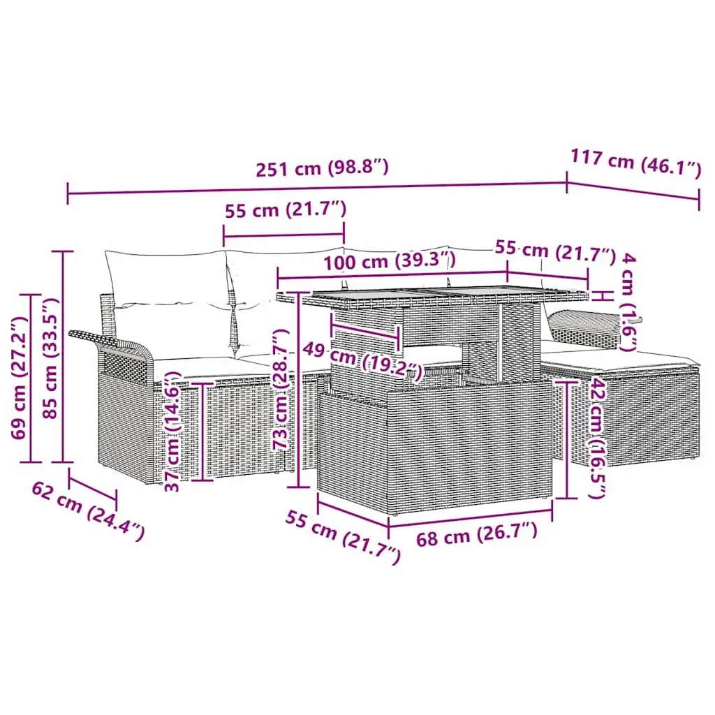 6-Piece Black Garden Sofa Set with Storage