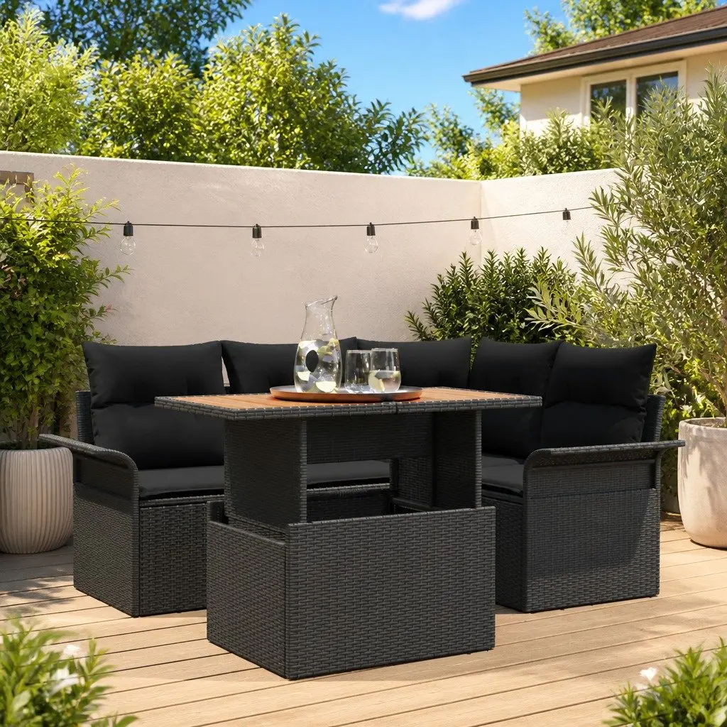 Garden Sofa Set Poly Rattan Powder-Coated Steel Solid Acacia Wood 5 Piece Black