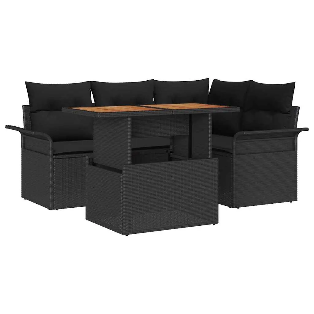 Garden Sofa Set Poly Rattan Powder-Coated Steel Solid Acacia Wood 5 Piece Black