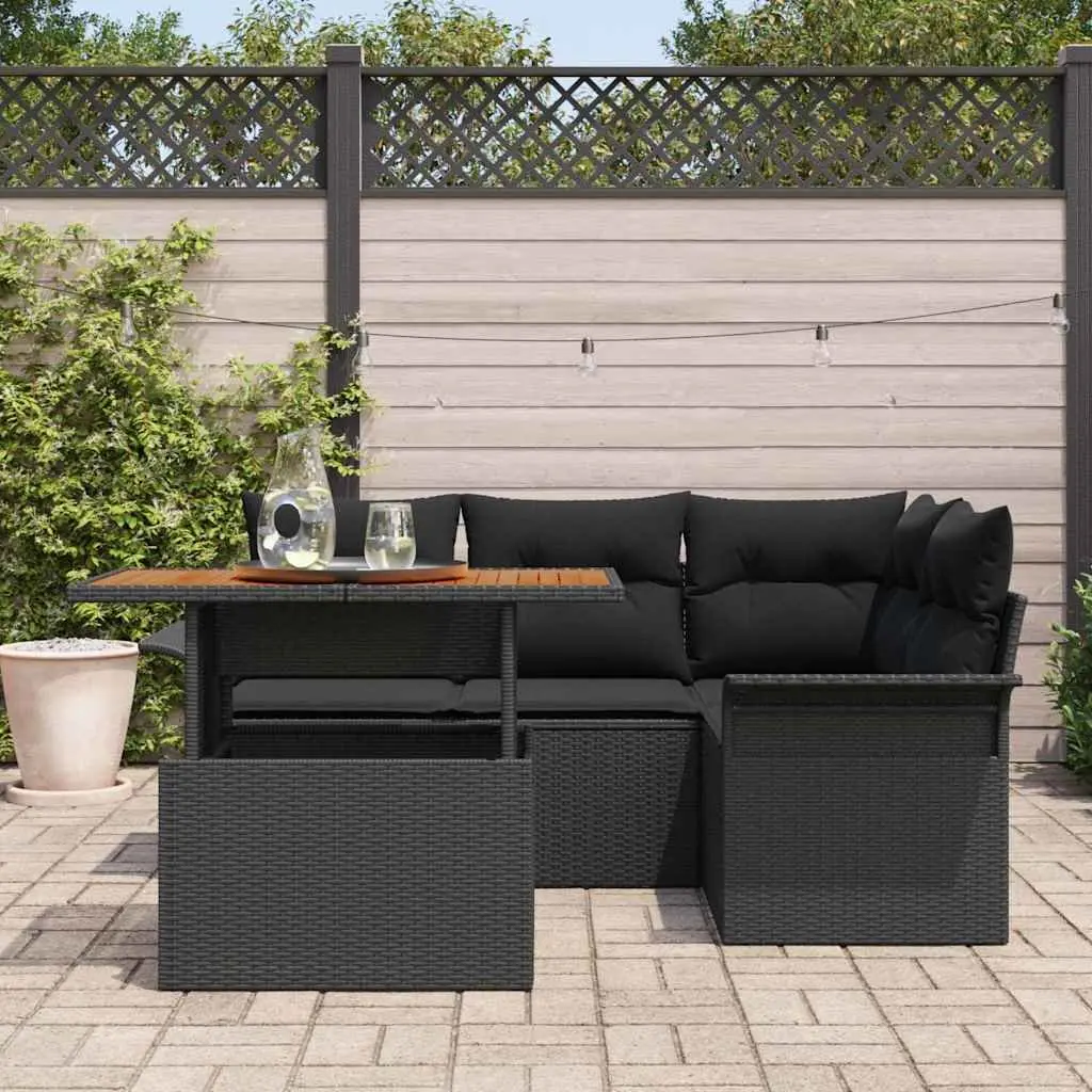 Garden Sofa Set Poly Rattan Powder-Coated Steel Solid Acacia Wood 5 Piece Black