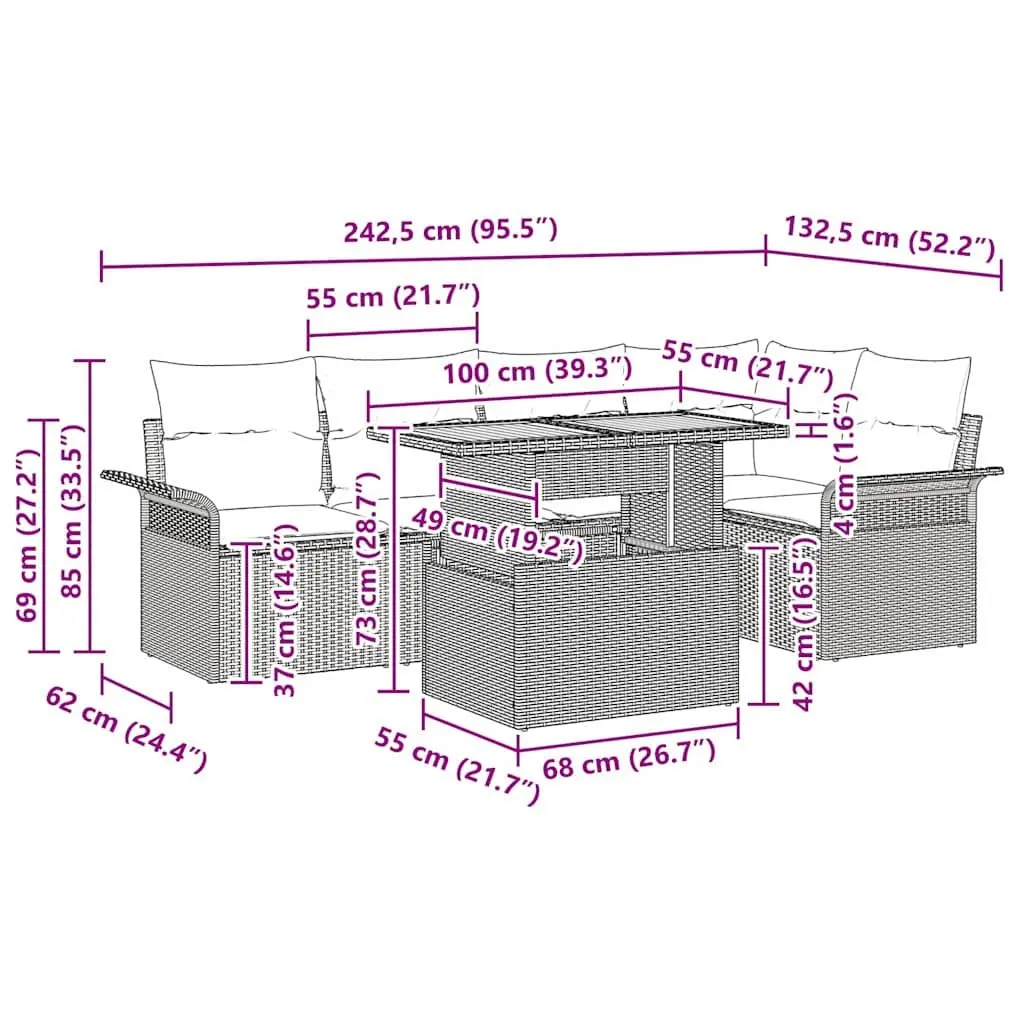 6-Piece Grey Outdoor Sofa Set with Cushions