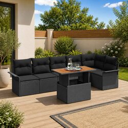 7-Piece Modular Black Outdoor Garden Sofa Set with Cushions