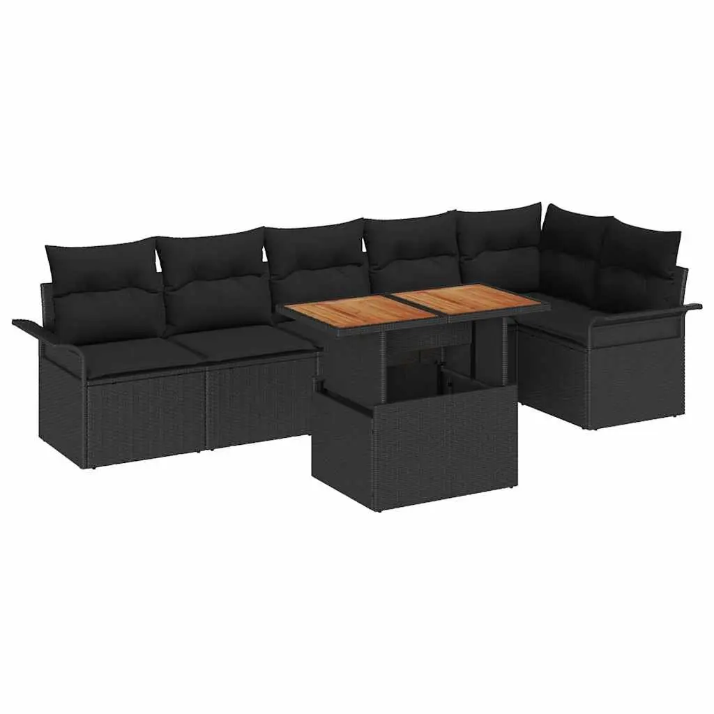 Modular Garden Sofa Set Poly Rattan Frame Acacia Wood Black 7 Piece