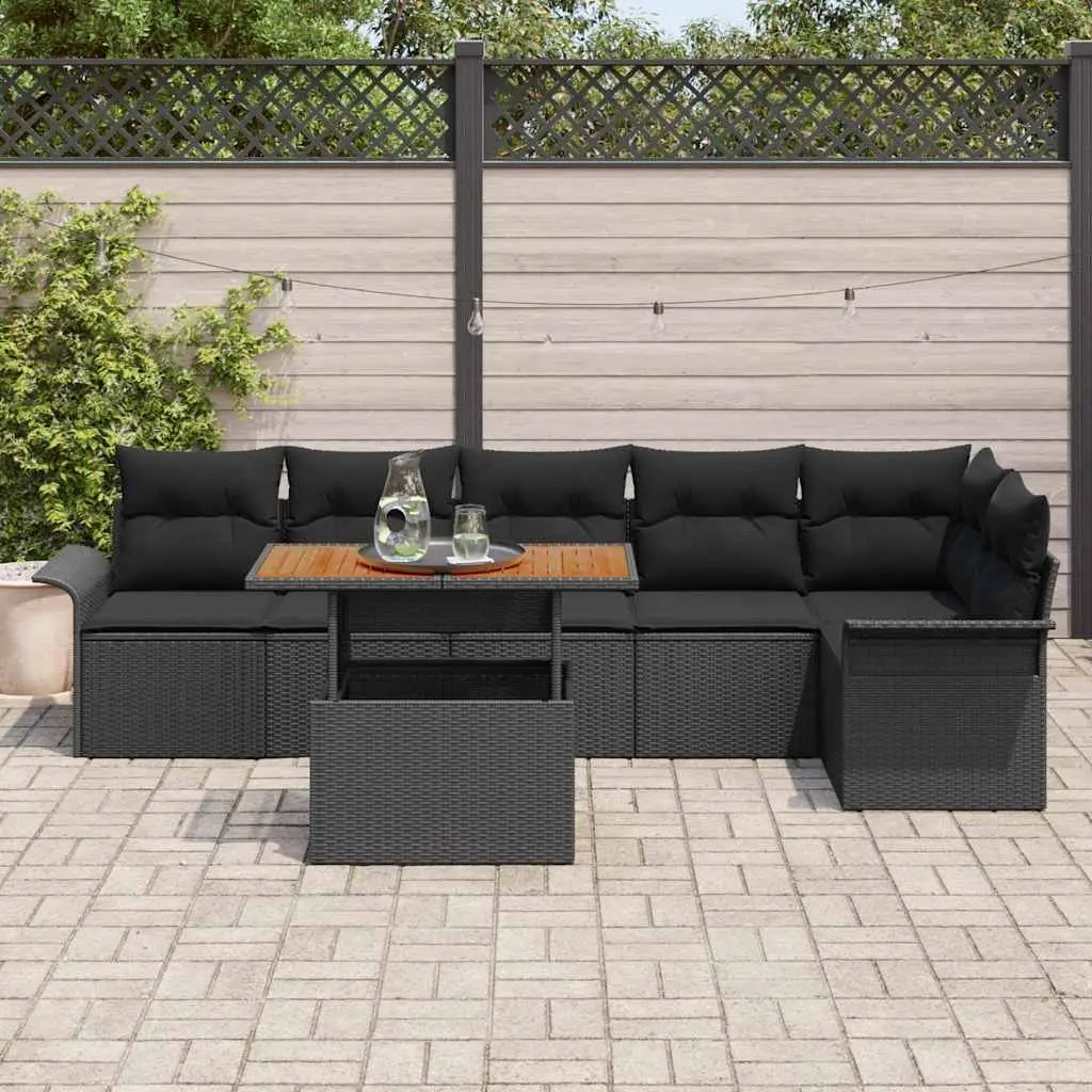 Modular Garden Sofa Set Poly Rattan Frame Acacia Wood Black 7 Piece