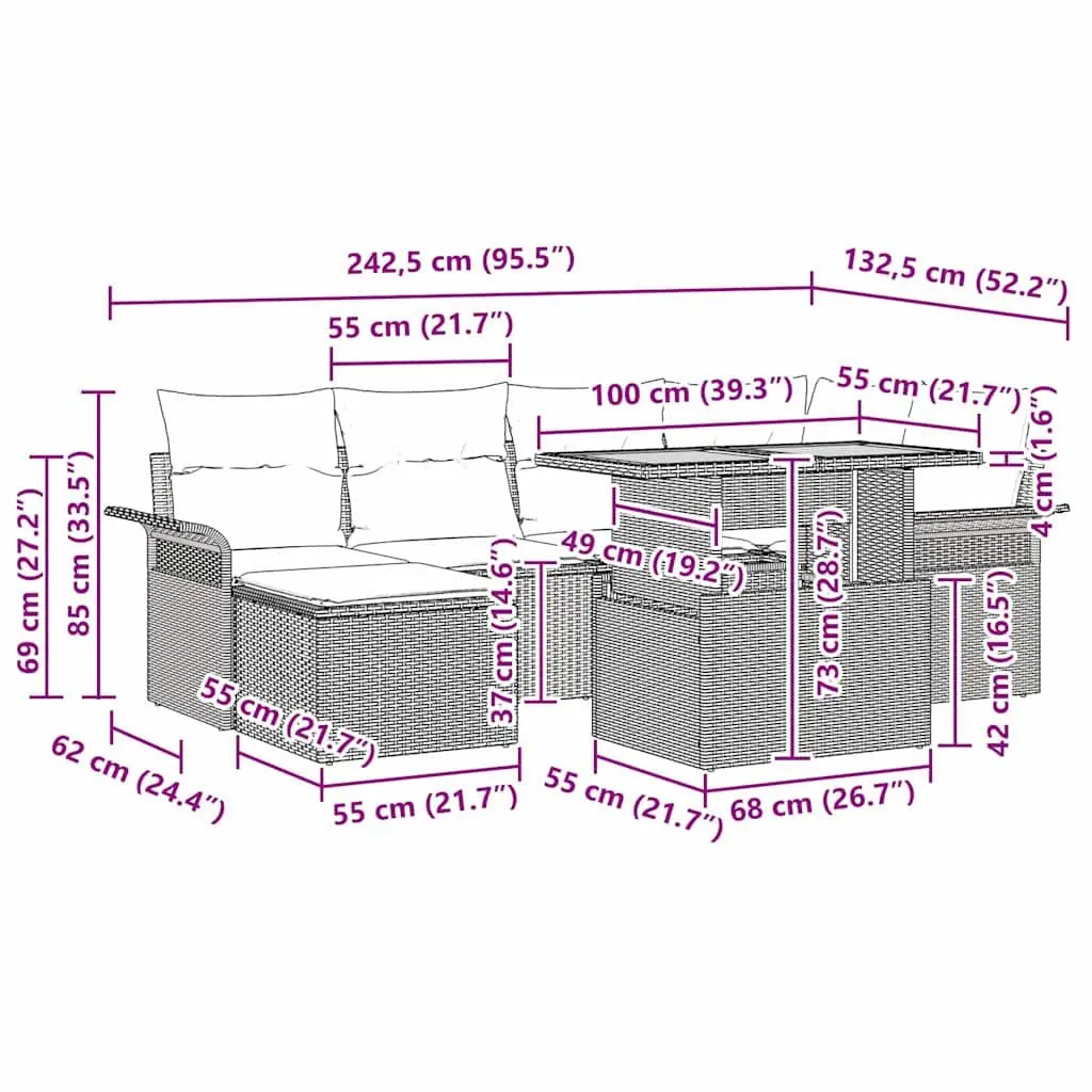 7-Piece Modular Outdoor Sofa Set in Grey with Table