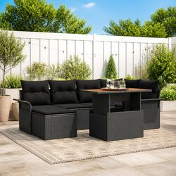 7-Piece Black Poly Rattan Outdoor Sofa Set with Cushions