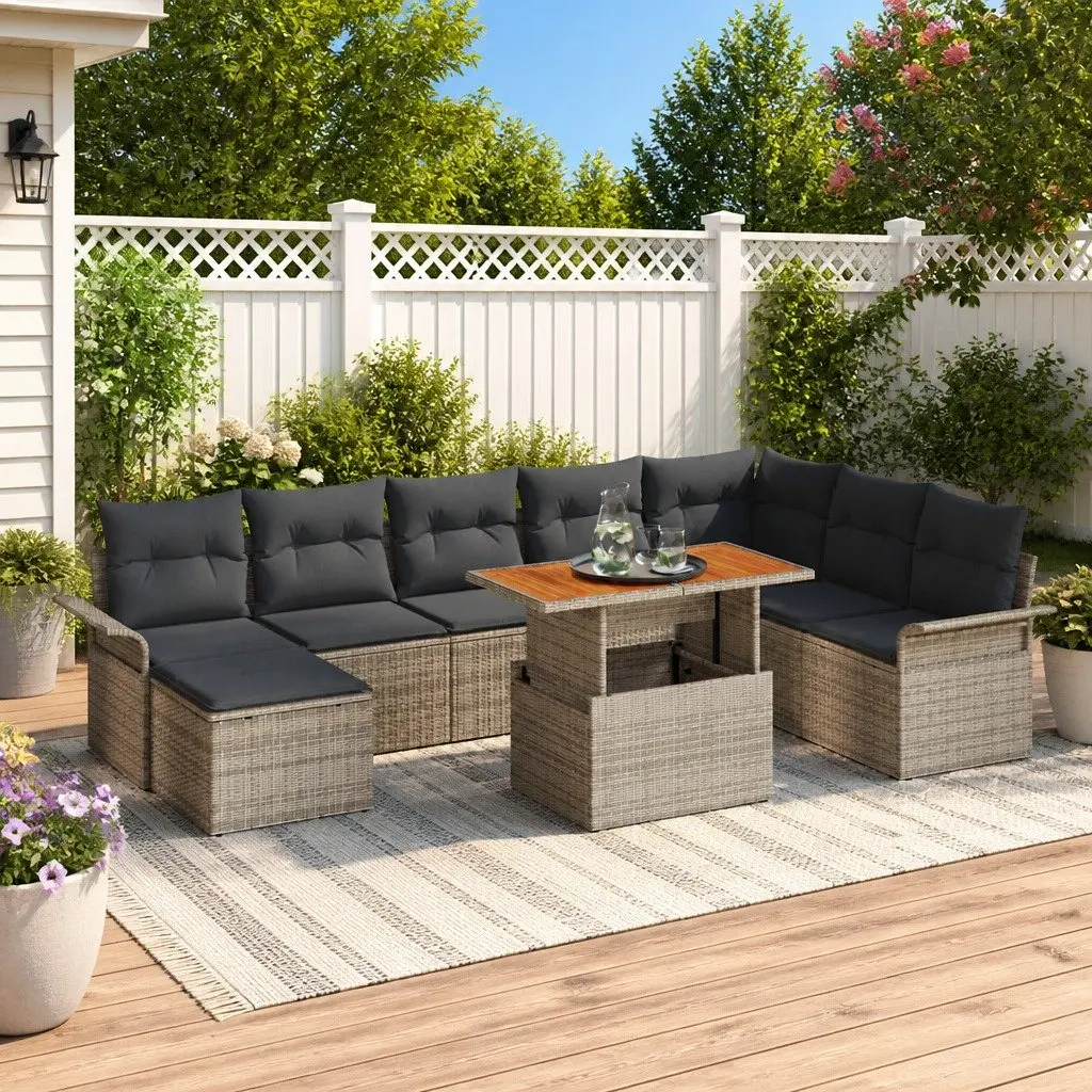 Grey Poly Rattan Outdoor Sofa Set 9 Pieces with Steel Frame
