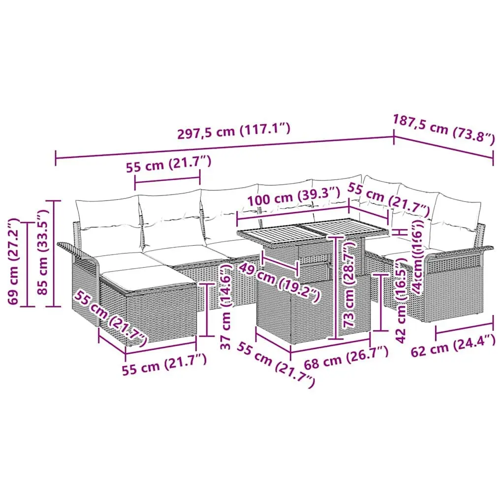 Grey Poly Rattan Outdoor Sofa Set 9 Pieces with Steel Frame
