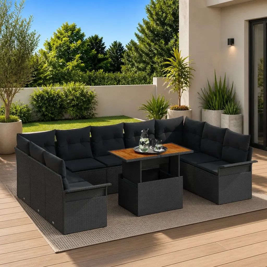 Black Rattan Garden Sofa Set with Cushions