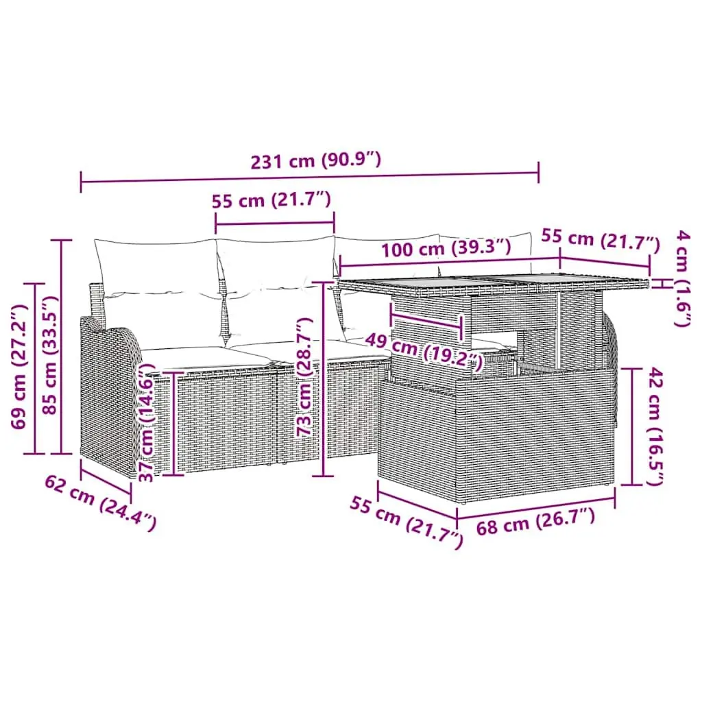 5-Piece Modular Grey Outdoor Garden Sofa Set with Table