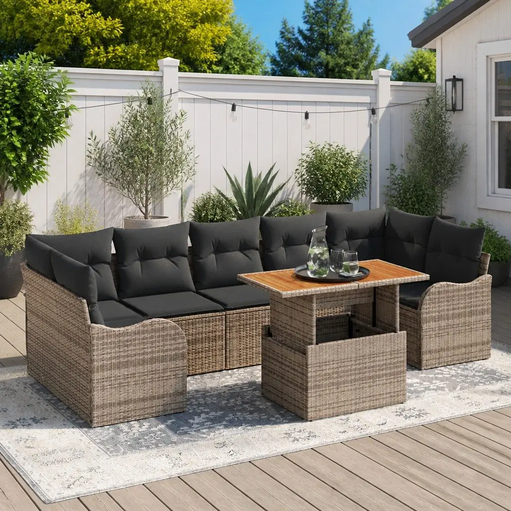 Modular Garden Sofa Set Poly Rattan Acacia Wood 8 Pieces Grey