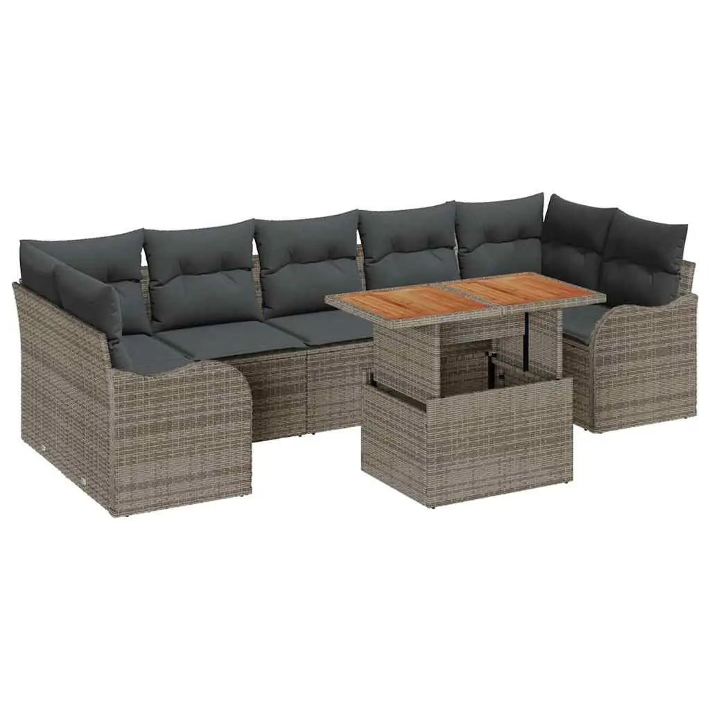 Modular Garden Sofa Set Poly Rattan Acacia Wood 8 Pieces Grey