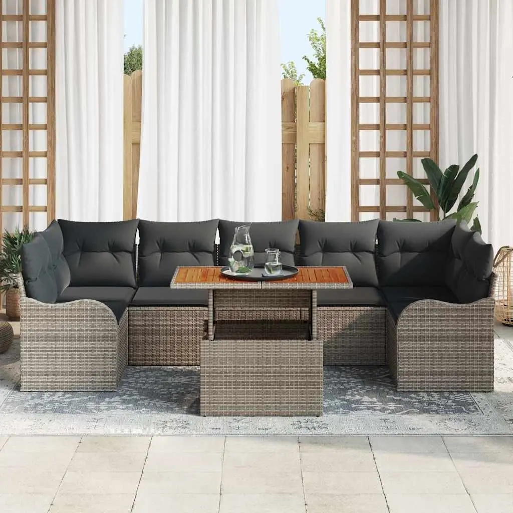 Modular Garden Sofa Set Poly Rattan Acacia Wood 8 Pieces Grey