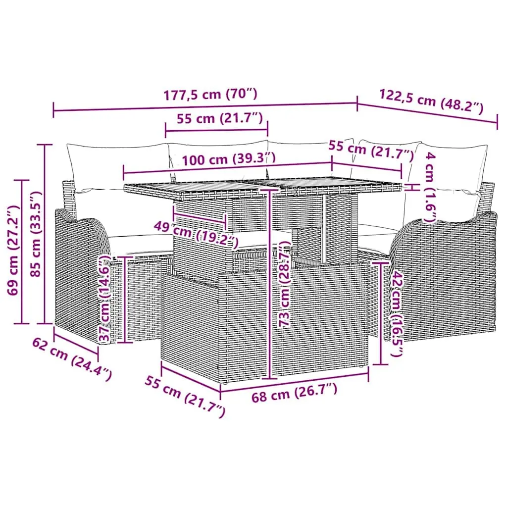 Modular 5-Piece Black Outdoor Sofa Set with Adjustable Table