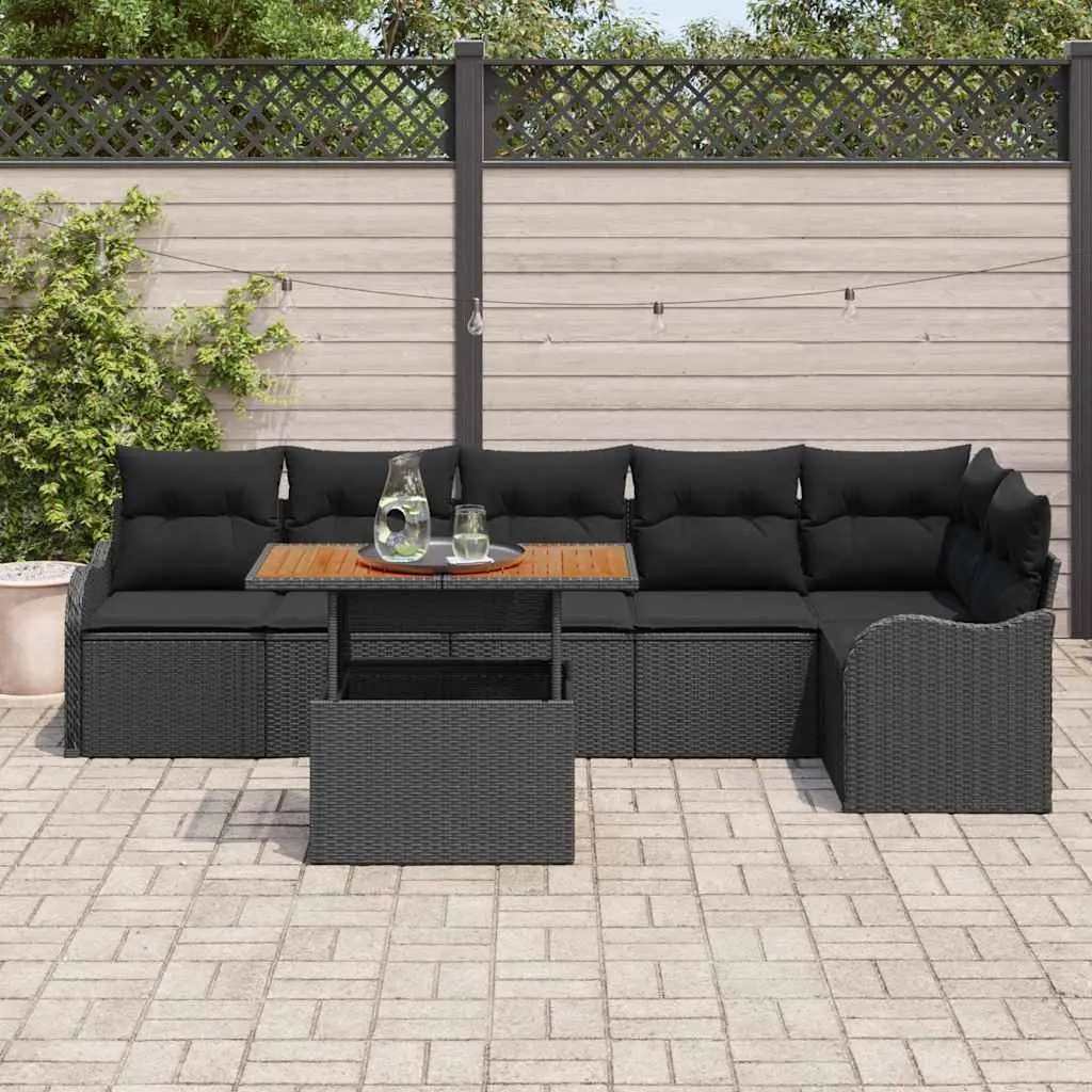 Outdoor Garden Sofa Set Poly Rattan Natural Acacia Wood 7 Pieces Black