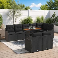 9-Piece Black Poly Rattan Outdoor Sofa Set with Cushions