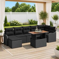 Garden Sofa Set 8 Pieces Black Poly Rattan Outdoor Seating with Storage Cushions