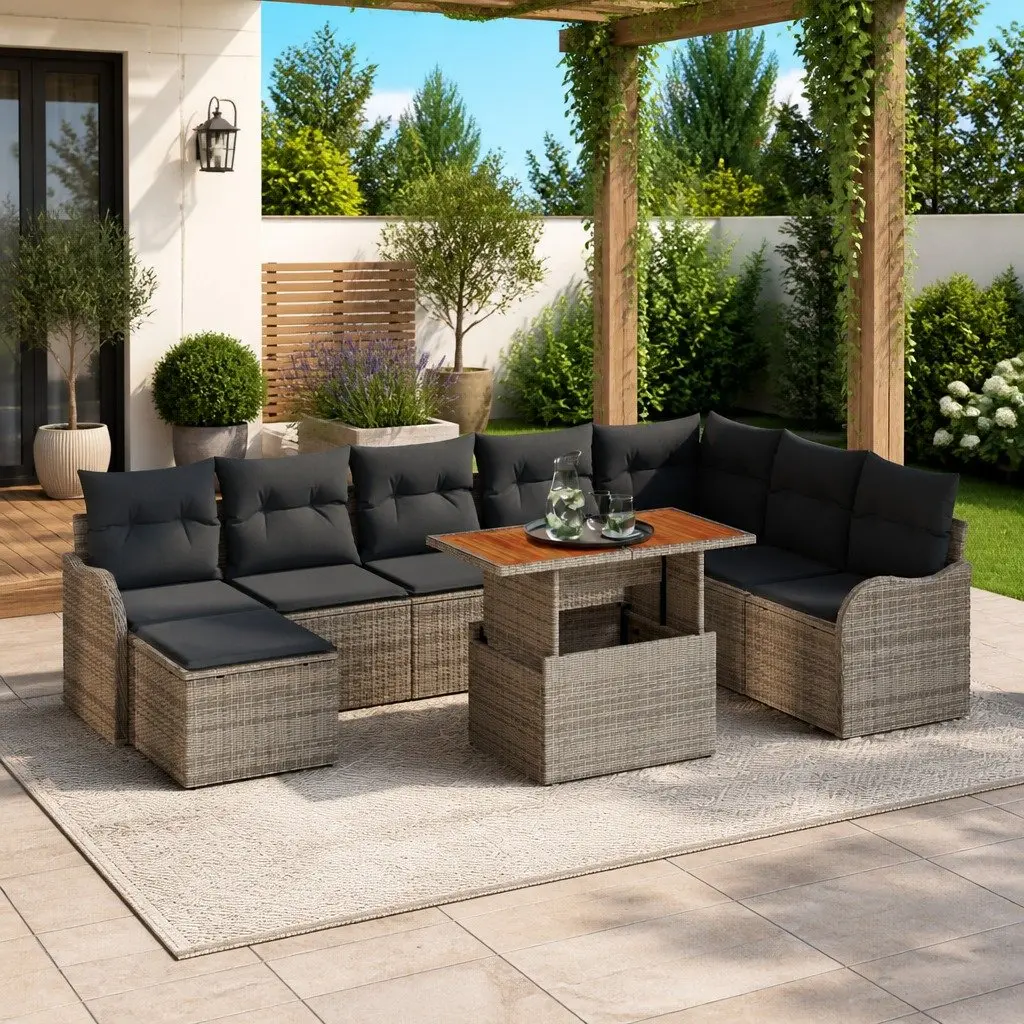 9-Piece Grey Poly Rattan Garden Sofa Set
