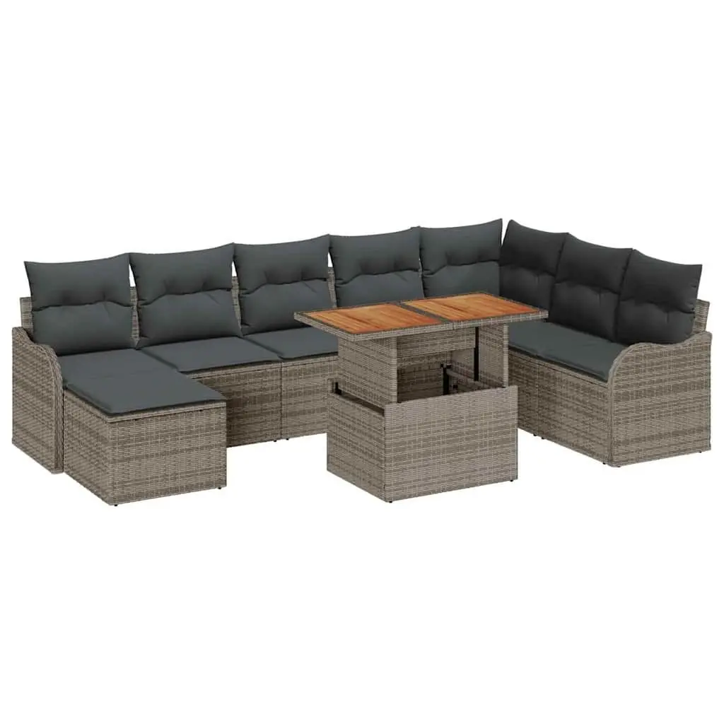 9-Piece Grey Poly Rattan Garden Sofa Set