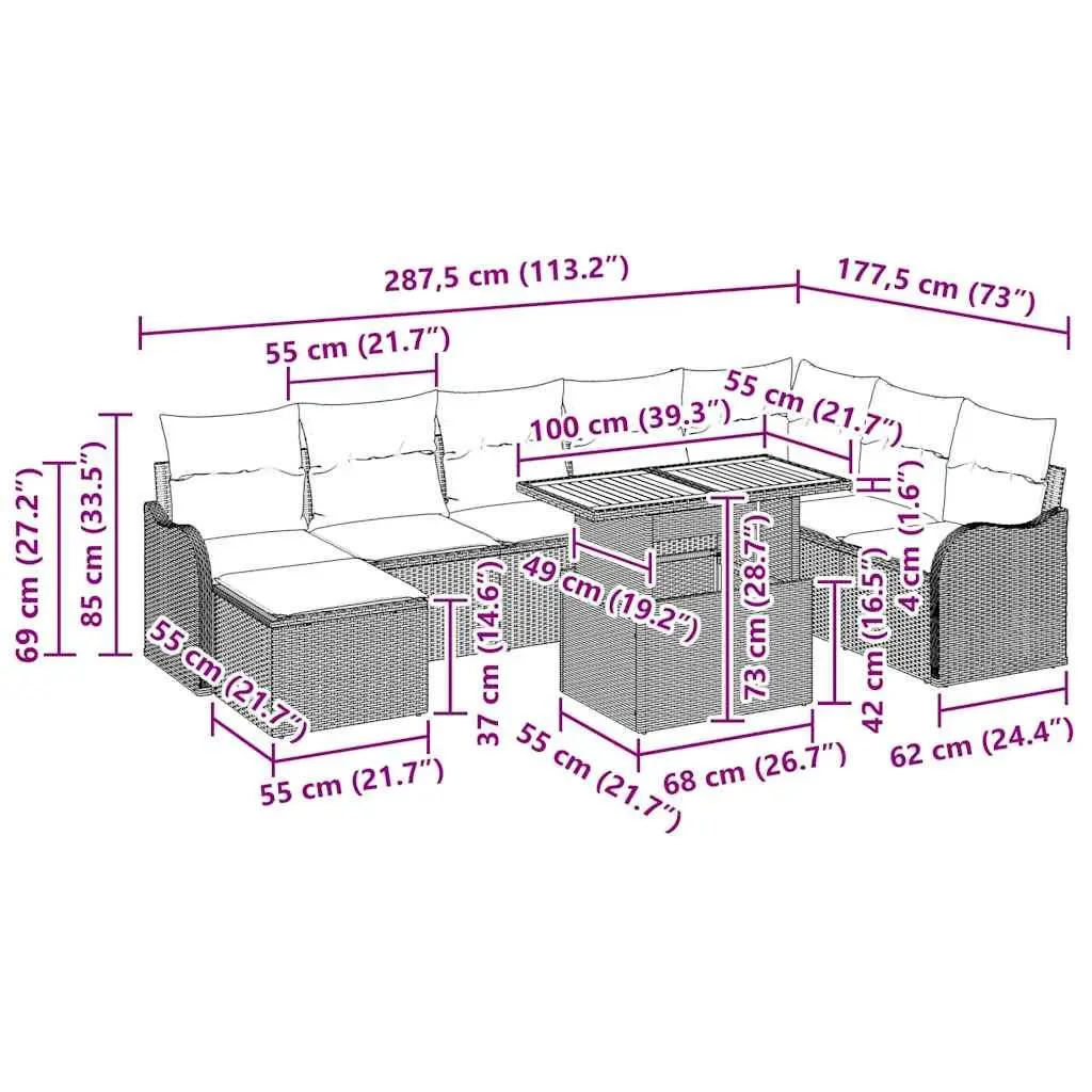 9-Piece Grey Poly Rattan Garden Sofa Set