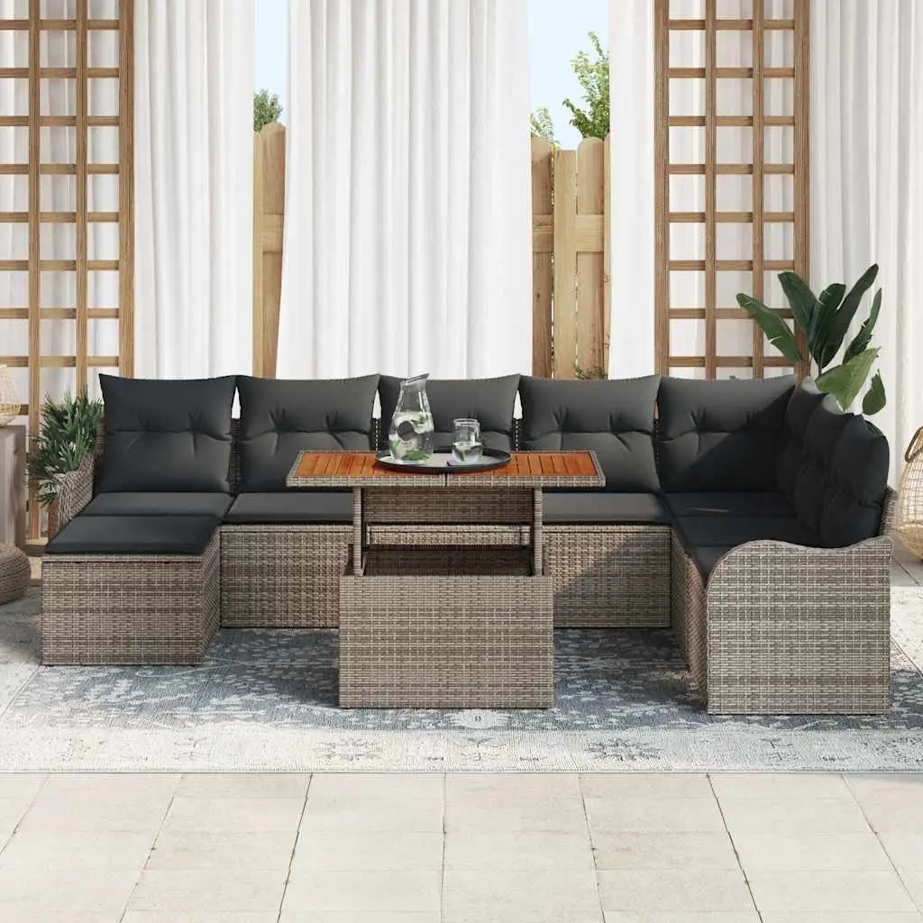 9-Piece Grey Poly Rattan Garden Sofa Set