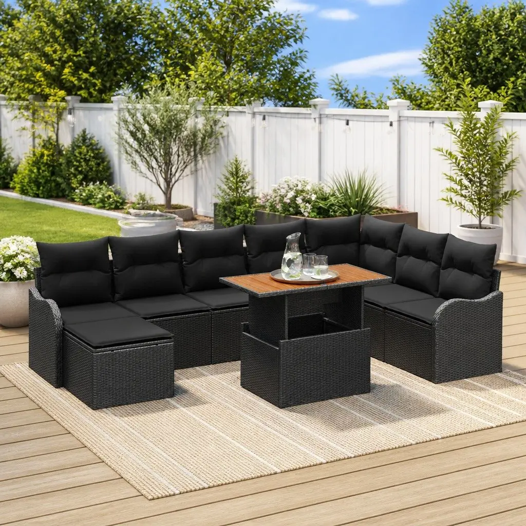 Outdoor Garden Sofa Set Poly Rattan Powder-Coated Steel Frame Solid Acacia Wood 9 Piece Black