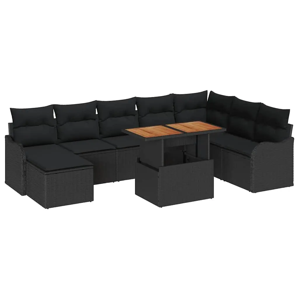 Outdoor Garden Sofa Set Poly Rattan Powder-Coated Steel Frame Solid Acacia Wood 9 Piece Black