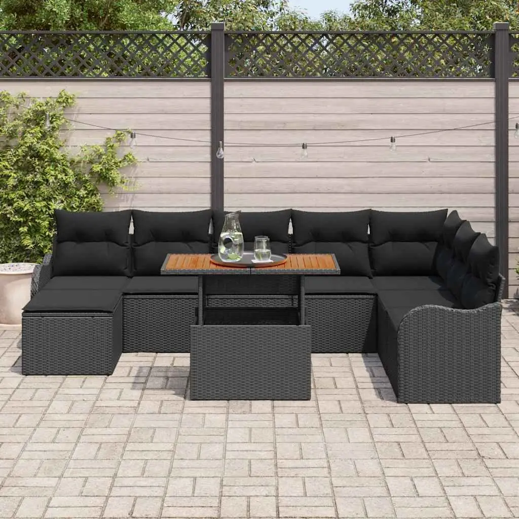 Outdoor Garden Sofa Set Poly Rattan Powder-Coated Steel Frame Solid Acacia Wood 9 Piece Black