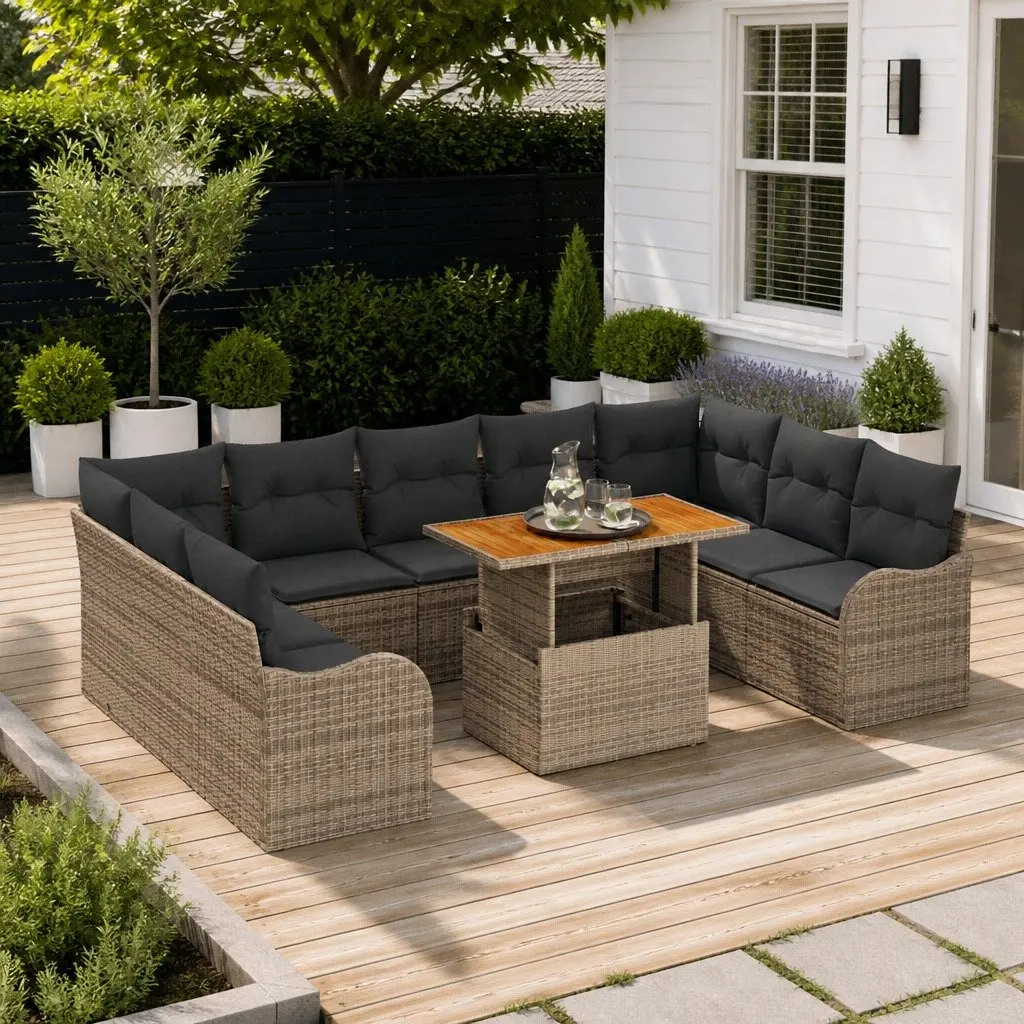 Grey 10-Piece Poly Rattan Sofa Set with Storage
