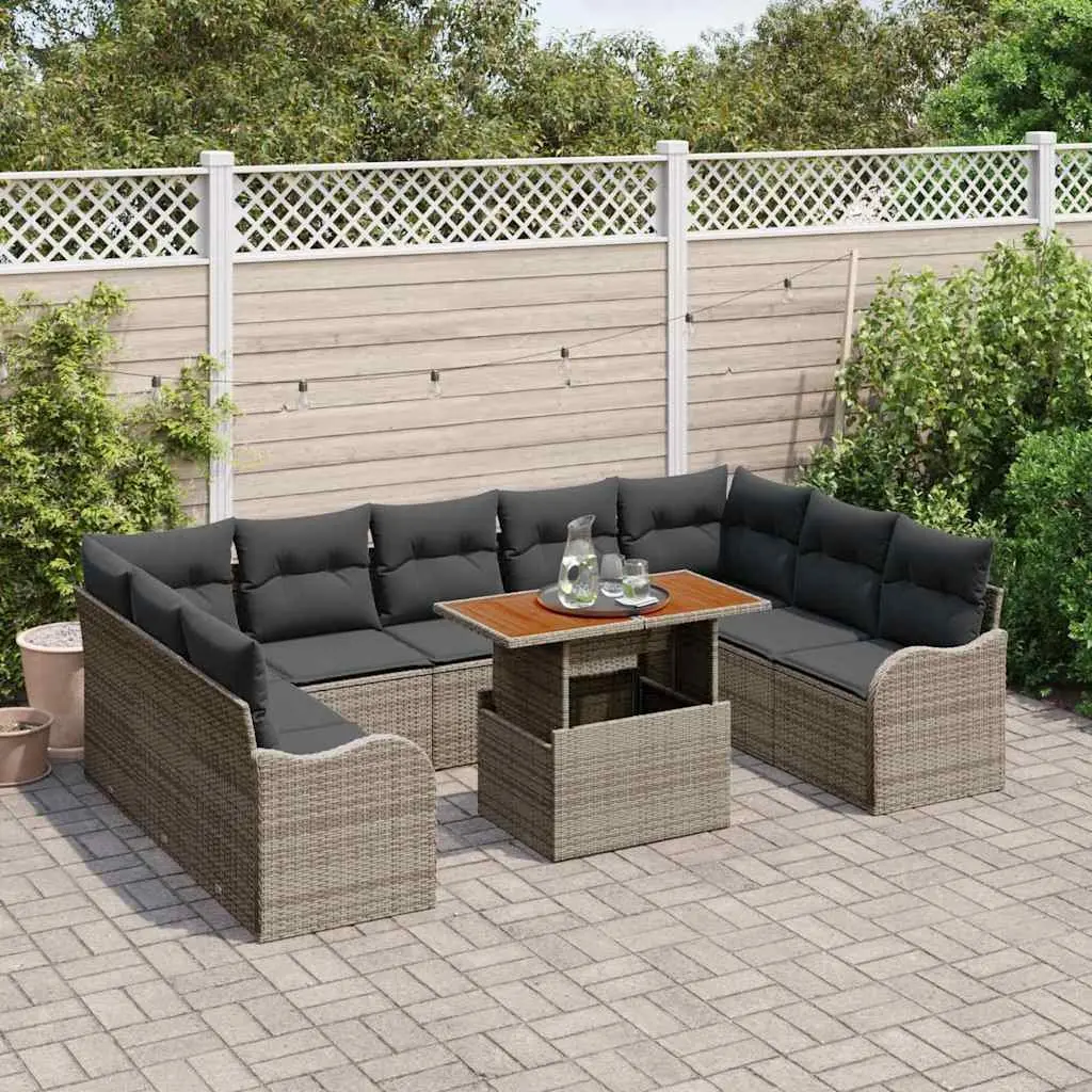 Grey 10-Piece Poly Rattan Sofa Set with Storage
