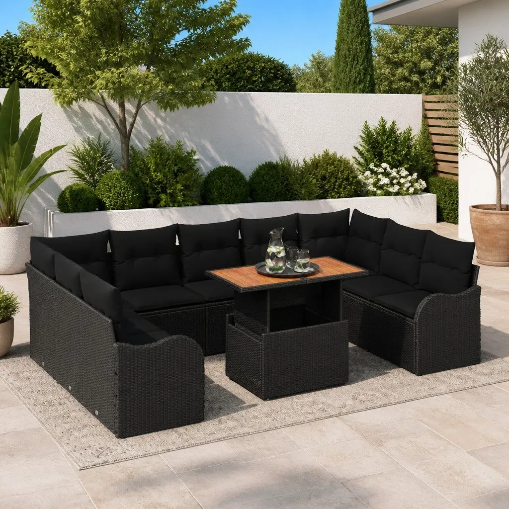 Garden Sofa Set Poly Rattan 10 Pieces Black Outdoor Seating with Cushions