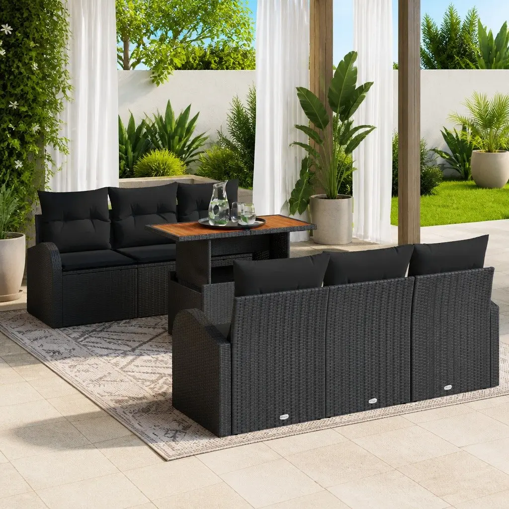 Outdoor Garden Sofa Set Acacia Wood Powder-coated Steel Black 7 Piece