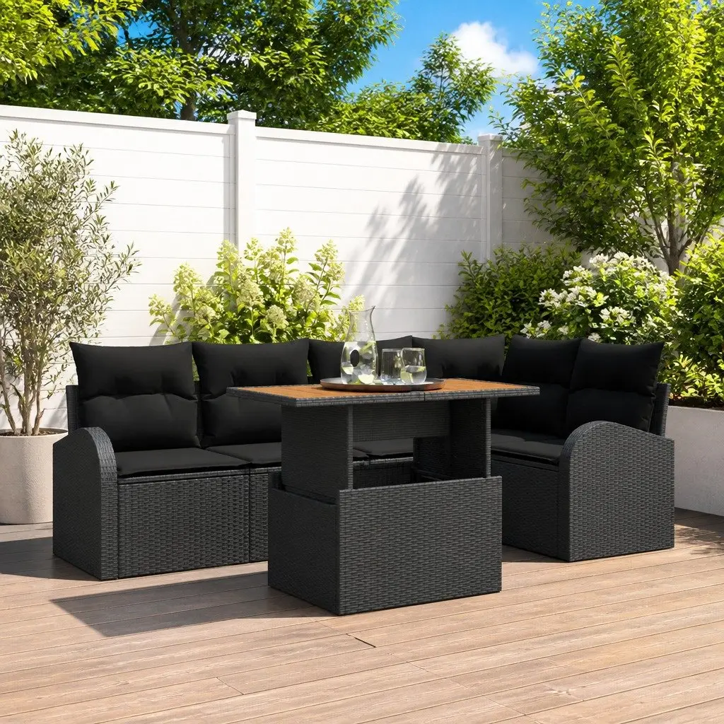 6-Piece Outdoor Garden Sofa Set with Black Woven Rattan