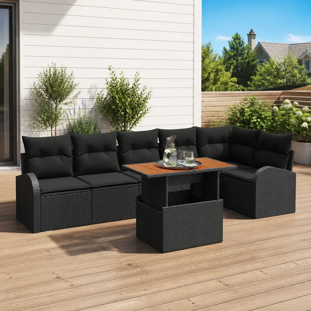 Outdoor Garden Sofa Set Poly Rattan Acacia Wood Frame Black 7 Piece