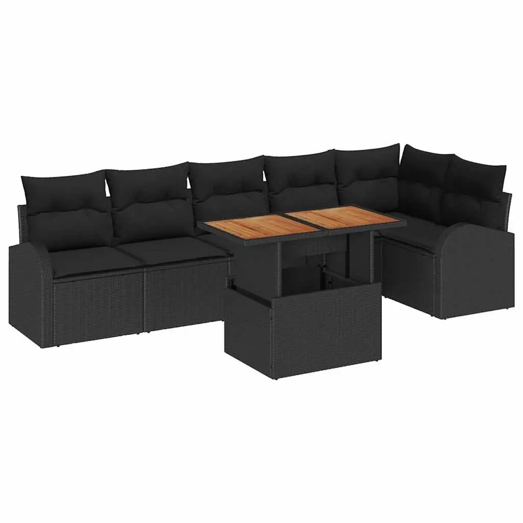 Outdoor Garden Sofa Set Poly Rattan Acacia Wood Frame Black 7 Piece