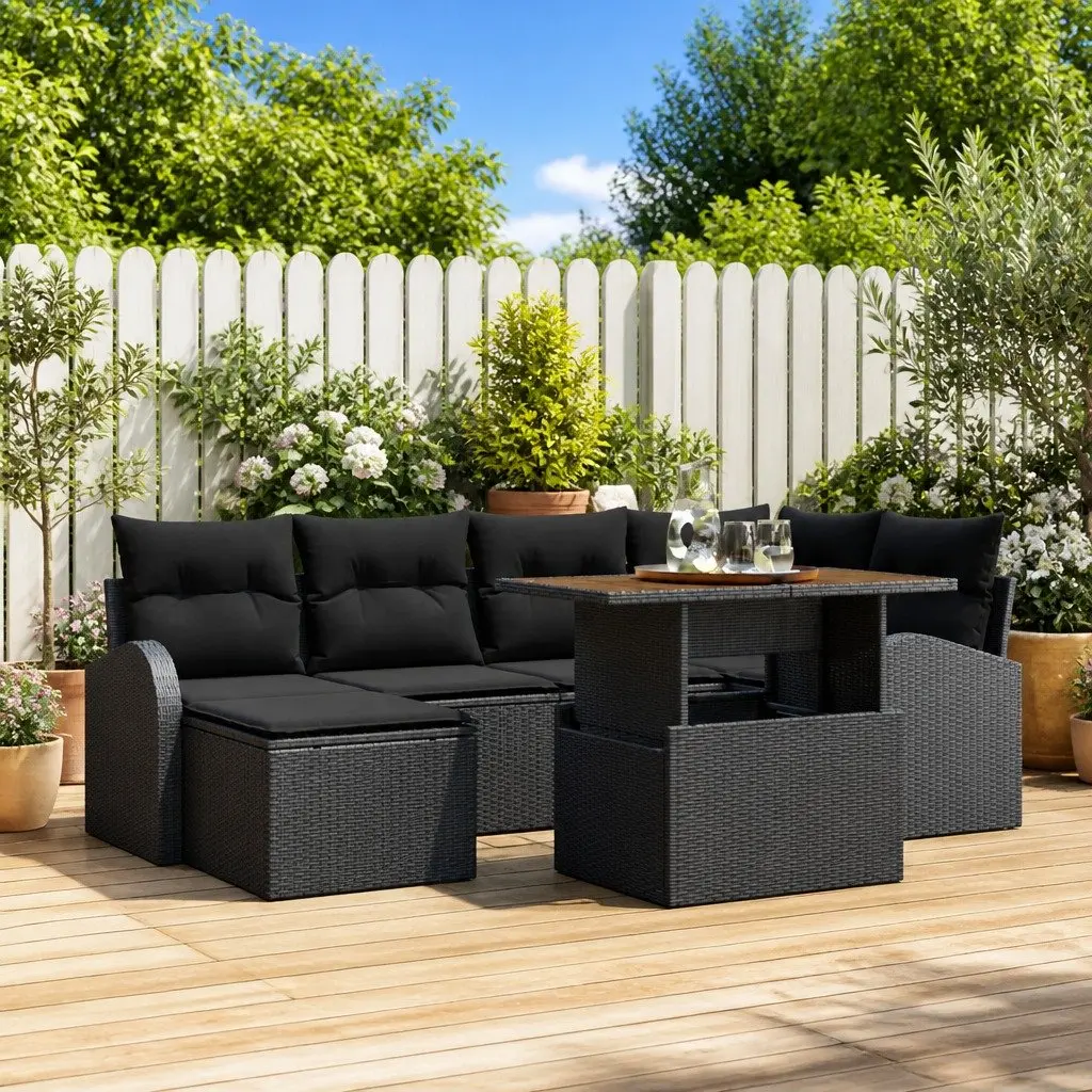 7-Piece Black Poly Rattan Garden Sofa Set
