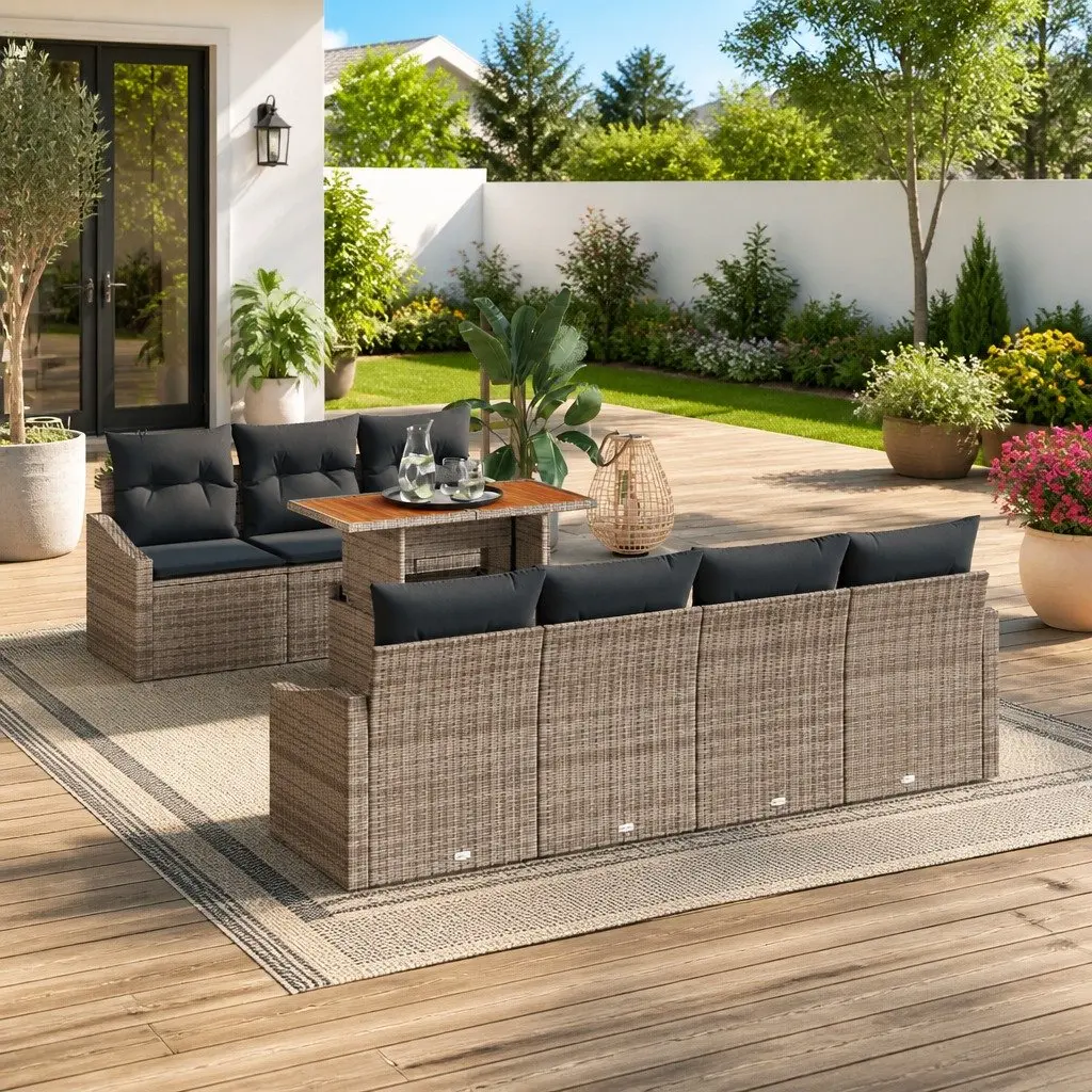8-Piece Grey Poly Rattan Garden Sofa Set with Storage