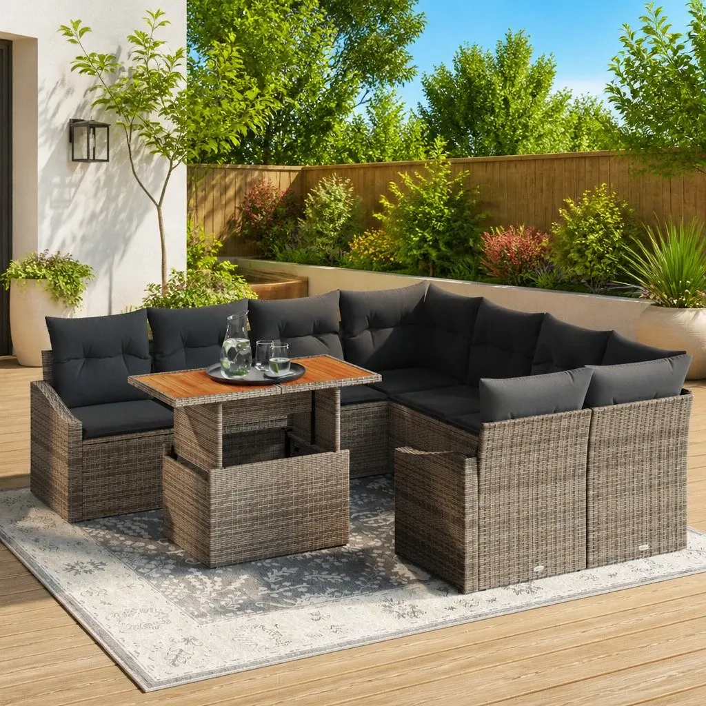 Grey Poly Rattan 9-Piece Outdoor Garden Sofa Set